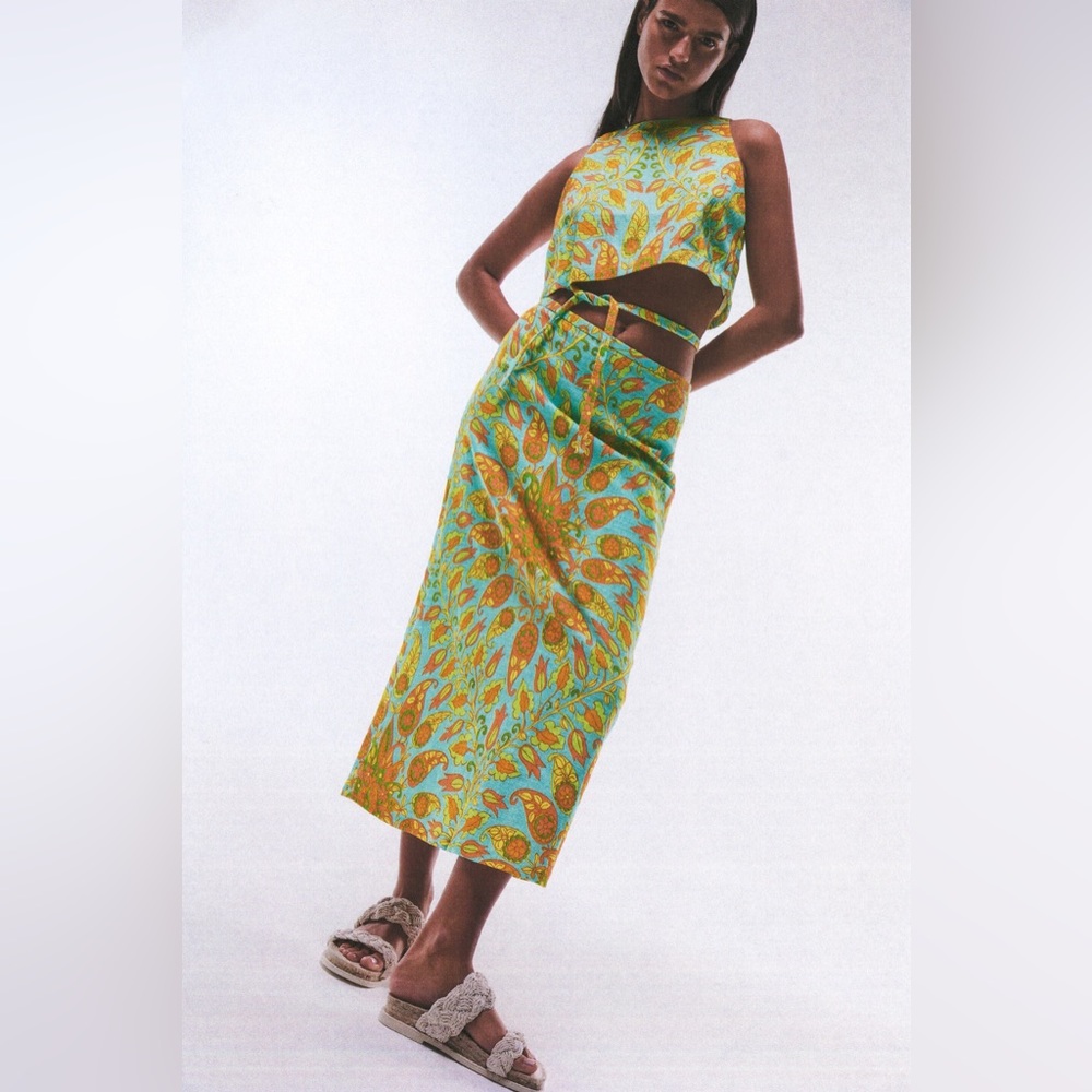 Zara Tie Waist Paisley Midi Skirt Sz XXL